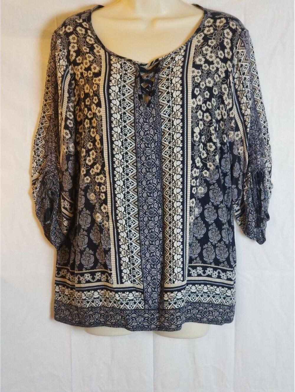 Westport Women's Blue Multi Blouse Cut-Out Adjustable Tie Sleeve Top Size Med